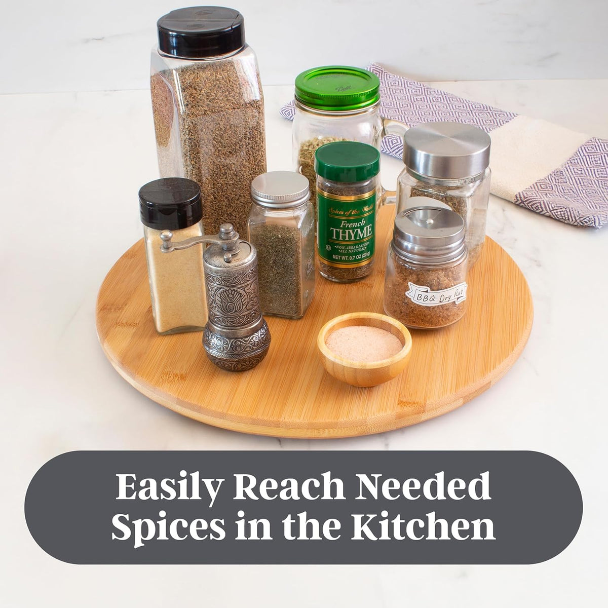 Lazy Susan Organizer for Cabinet, Pantry or Tabletop – 14" Bamboo Turntable for Kitchen, Counter or Spice Rack Storage